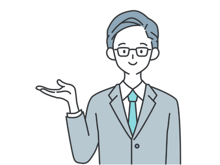 スーツを着て片手を差し出す眼鏡の男性のイラスト